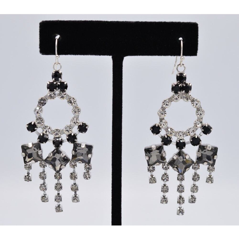 Lulu Frost Crystal Chandelier Earrings Rhinestone Black Gunmetal Dangle BinX